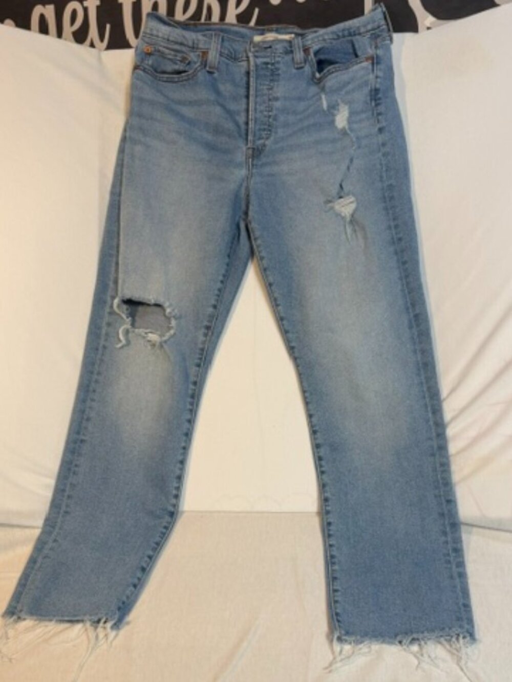 Levi's Wedgie Straight Jeans 31 Distressed Blue Waterless High Rise Button Fly